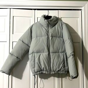 Express puffer Winter Coat, adjustable waist, Mint Green Silver Zipper.